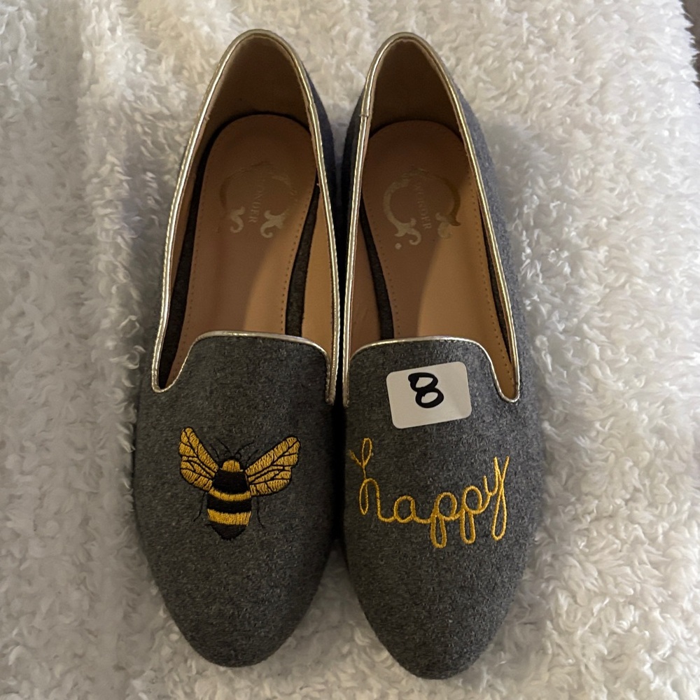 C. Wonder Gray Loafers with Bee and Happy Embroidery (New)